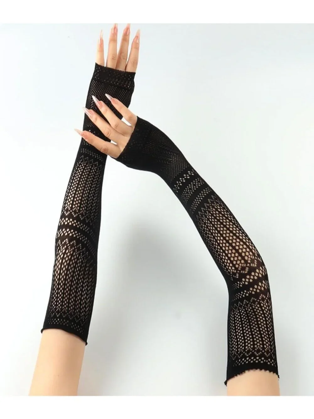 Women's Black Patterned Fishnet Long Fingerless Mesh Gothic Gloves Party